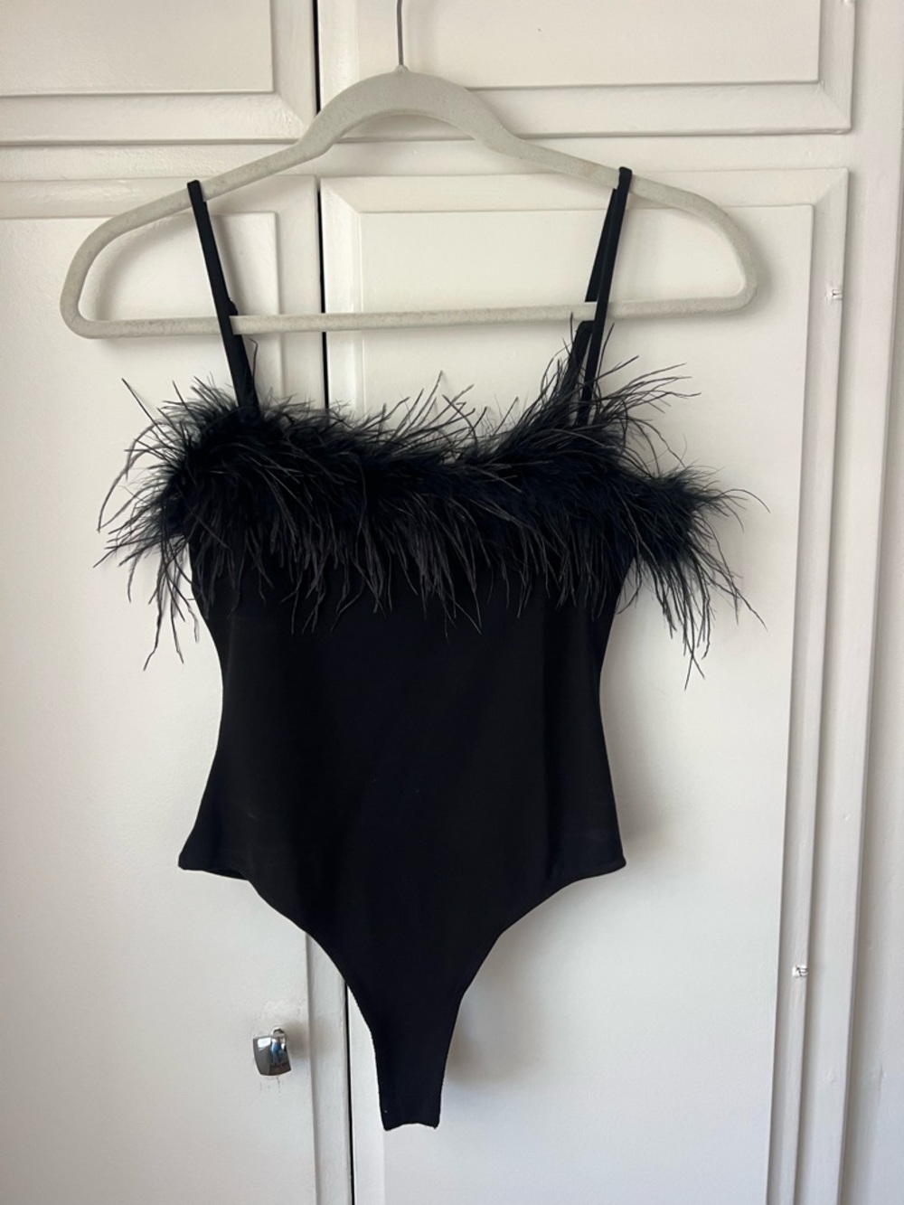 Black Feather Trim Bodysuit
